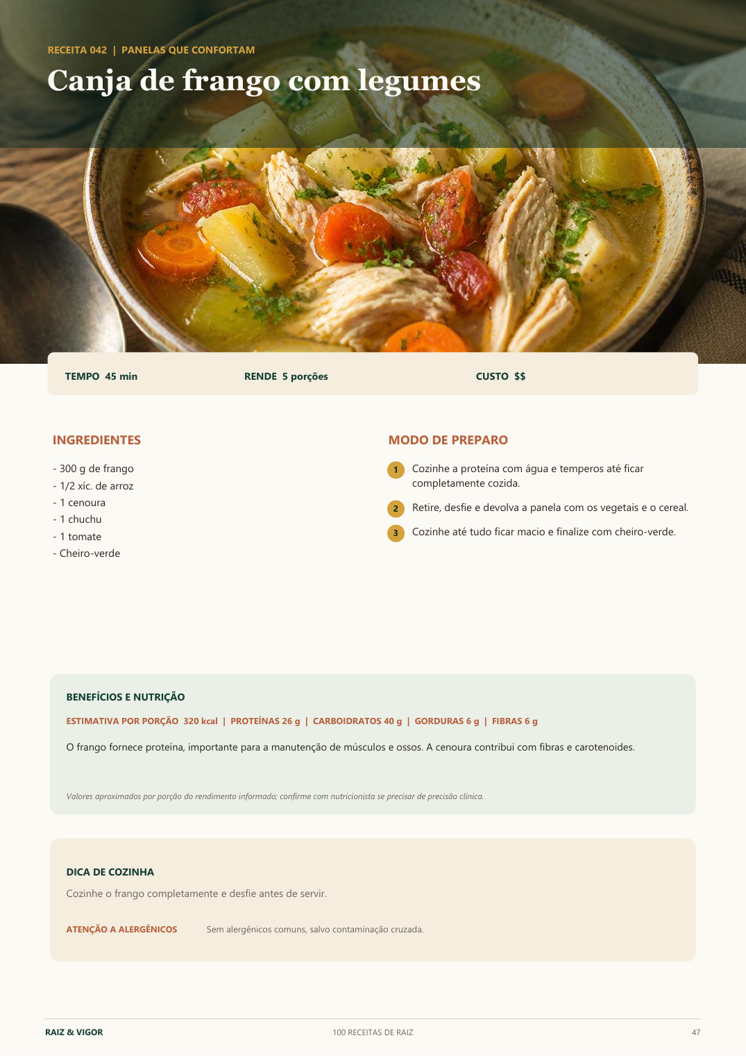 Página interna do livro com a receita de canja de frango com legumes
