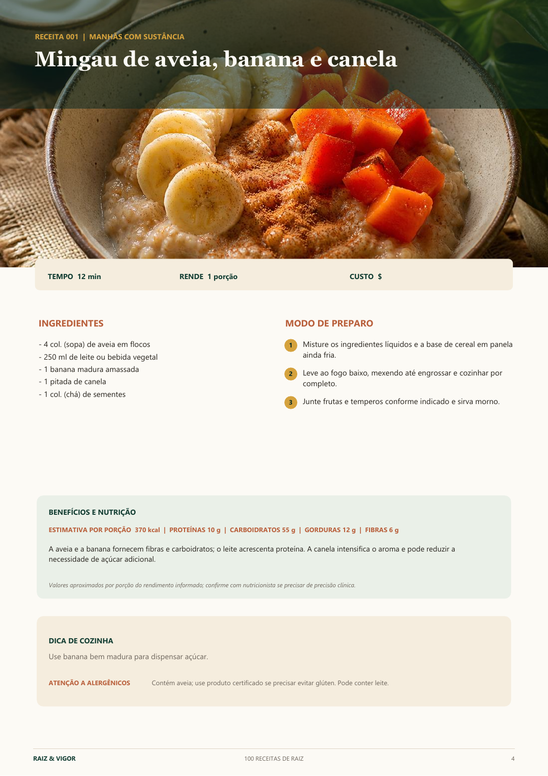 Página interna do livro com a receita de mingau de aveia, banana e canela