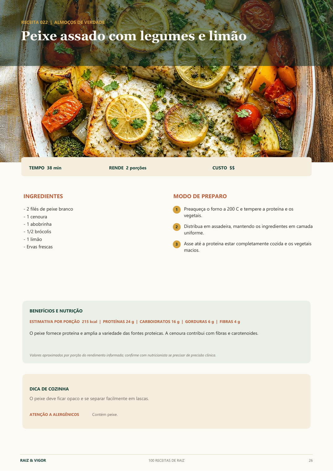 Página interna do livro com a receita de peixe assado com legumes e limão