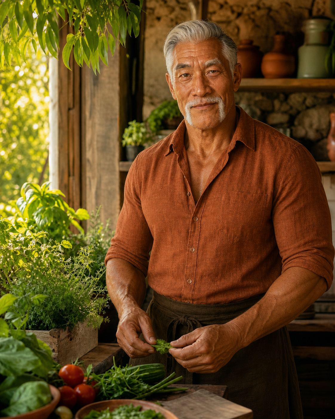 Personagem virtual Aurelino em uma cozinha rústica com ervas e vegetais
